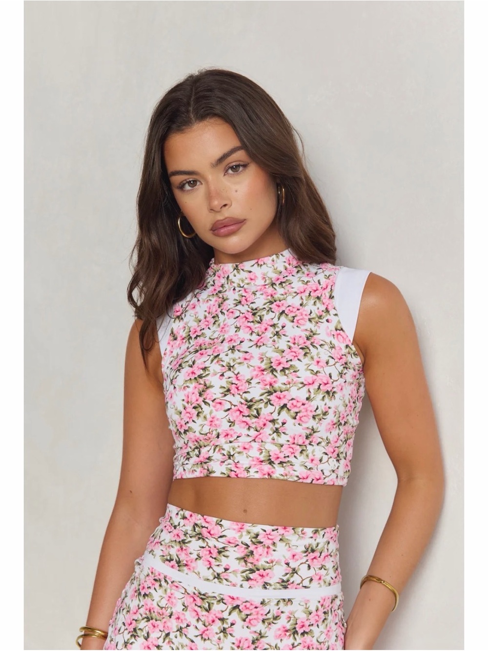 Astoria Activewear Floral Mock Neck Crop Top with Pink Blooms